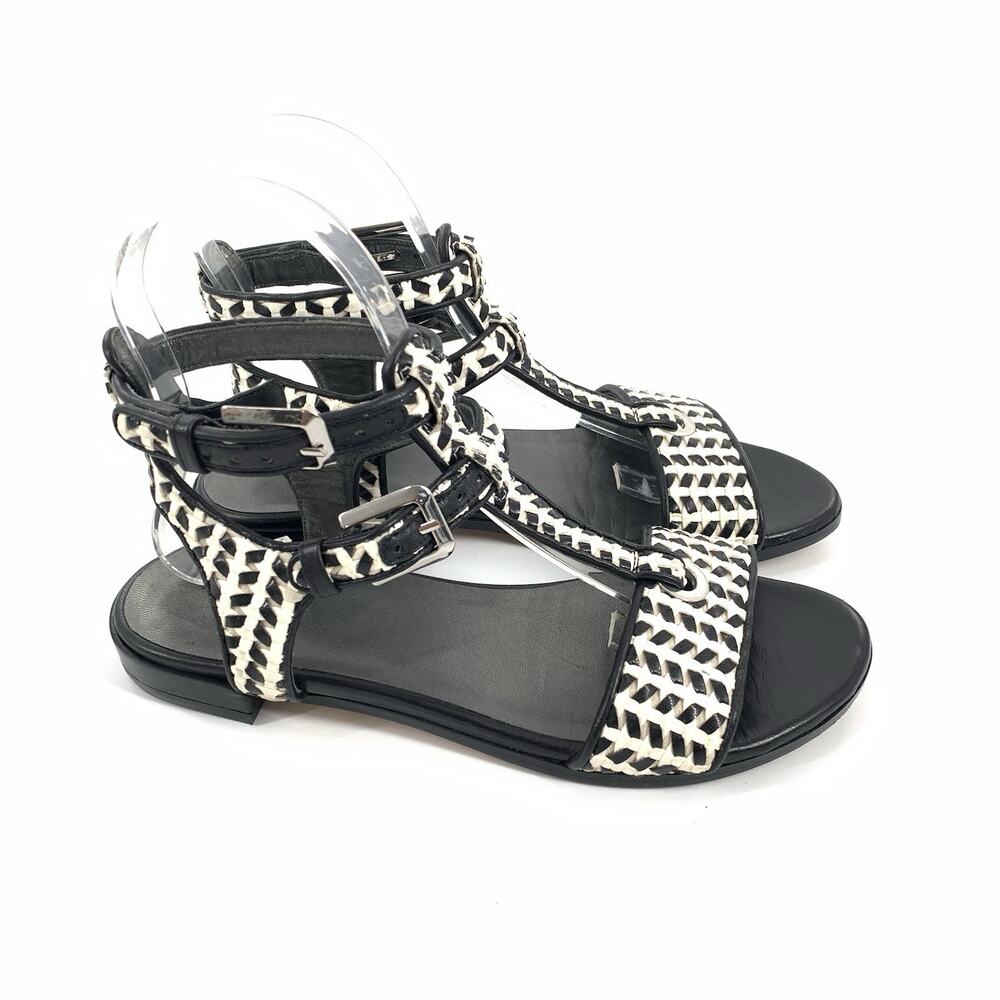 Stuart Weitzman Braided Leather Open Toe Sandals Size 6 Womens Black White Flats